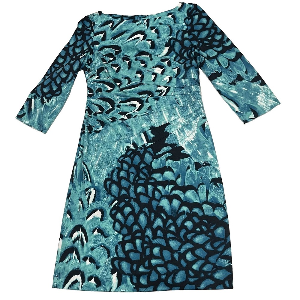 Jessica Simpson Tunic Shift Dress Floral Geometric Boat Neck 3/4 Sleeves Blue 10